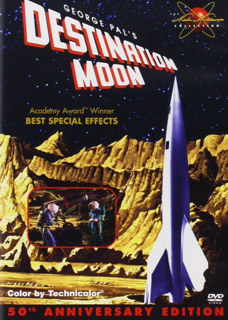 Destination Moon (1950), starring John Archer, Warner Anderson, Tom Powers, Dick Wesson, based on a script by Robert Heinlein