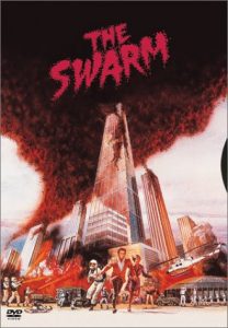 The Swarm (1978) by Irwin Allen, starring Michael Caine, Katharine Ross, Richard Widmark, Olivia de Havilland, Henry Fonda, Fred MacMurray