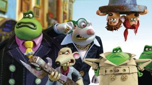 The villains searching ... where could those pesky heroes be? in a scene from Flushed Away
