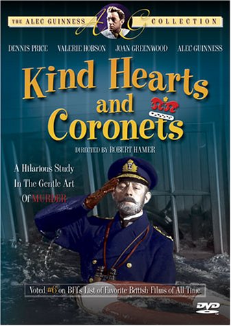 Kind Hearts and Coronets, starring Dennis Price, Alec Guiness, Miles Malleson, Valerie Hobson, Joan Greenwood
