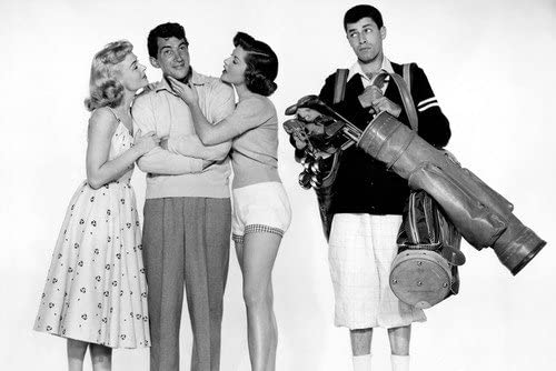 Dean Martin and Jerry Lewis and Donna Reed and Barbara Bates in The Caddy holding golf clubs