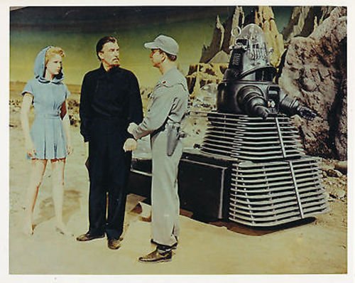 Forbidden Planet, starring Anne Francis, Walter Pidgeon, Leslie Nielsen, and Robby the Robot in his car