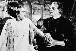 Elsa Lanchester as the Bride of Frankenstein and Boris Karloff as Frankenstein's monster