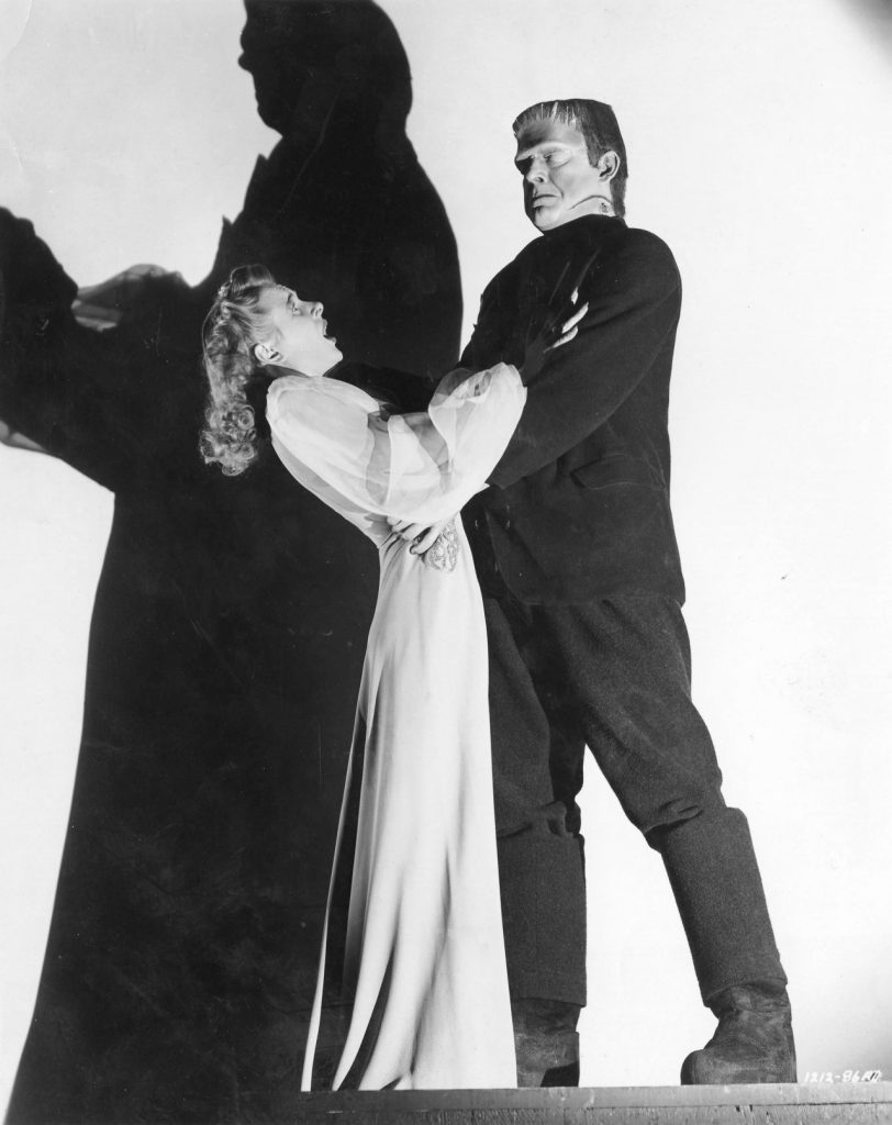 Evelyn Ankers and Lon Chaney Jr. as the monster in a publicity still from Ghost of Frankenstein