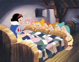 After a nightmare scene of fleeing from the woodsman, Snow White has stumbled into the dwarfs cottage, and slept there. And now they've come home ...