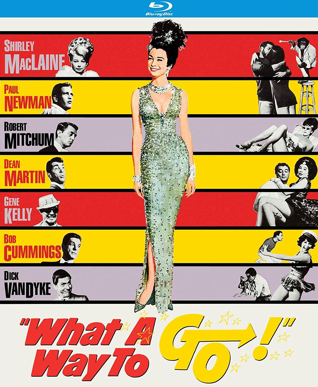What a Way to Go starring Shirley MacLaine, Dick Van Dyke, Paul Newman, Robert Mitchum, Gene Kelly, Dean Martin, Bob Cummings