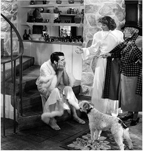 Notorious His Girl Friday B&W Seated at Bottom of Staircase in Fur Trimmed Women's Robe