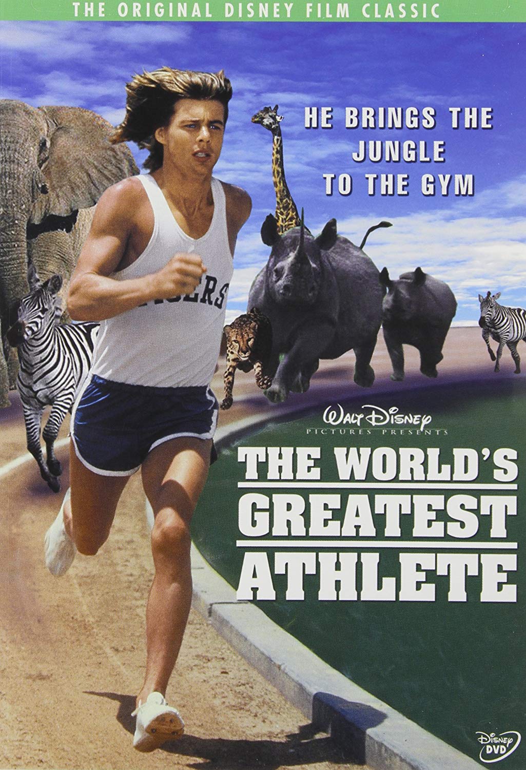 Cover of the 1973 Walt Disney comedy, The World's Greatest Athlete, with Nanu (Jan-Michael Vincent) running in a track uniform, with several of his jungle animal friends chasing him