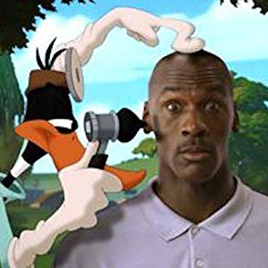 Daffy Duck examines Michael Jordan after his arrival in Looney Tune Land -- in Space Jam
