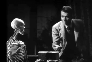 Mentally-created skeleton examined by the mystery writer (Don Porter) in Night Monster