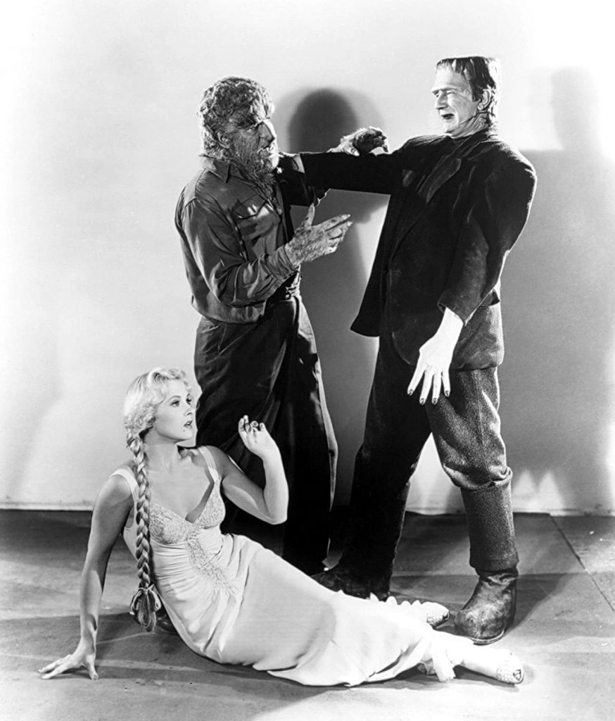 Publicity photo from Frankenstein Meets the Wolf Man - Larry Talbot/Lon Chaney Jr. as the Wolf Man, Bela Lugosi as Frankenstein's monster, Ilona Massey as the daughter of Dr. Frankenstein