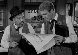 Jimmy Stewart as the bookish lawyer, with the newspaper editor (Edmond O'Brien) who's not afraid to take a stand against Liberty Valance -- and pays the price for it.