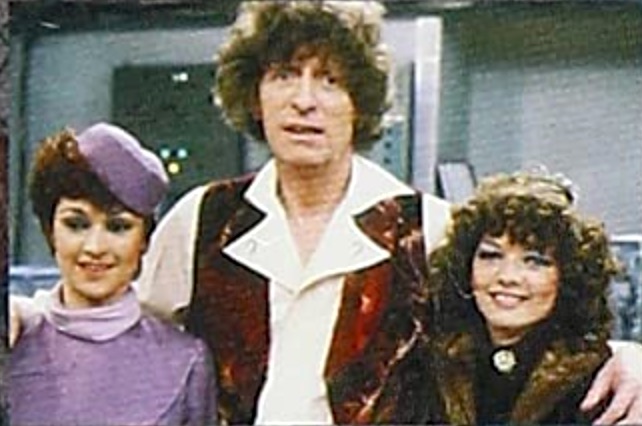 Janet Fielding, Tom Baker, and  Sarah Sutton in the fourth Doctor's final appearance in Logopolis