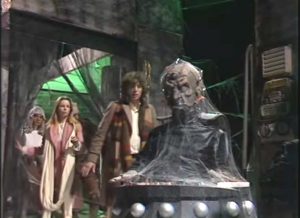 the Doctor, Romana, and Tyssan have found the sleeping Davros in "Destiny of the Daleks"