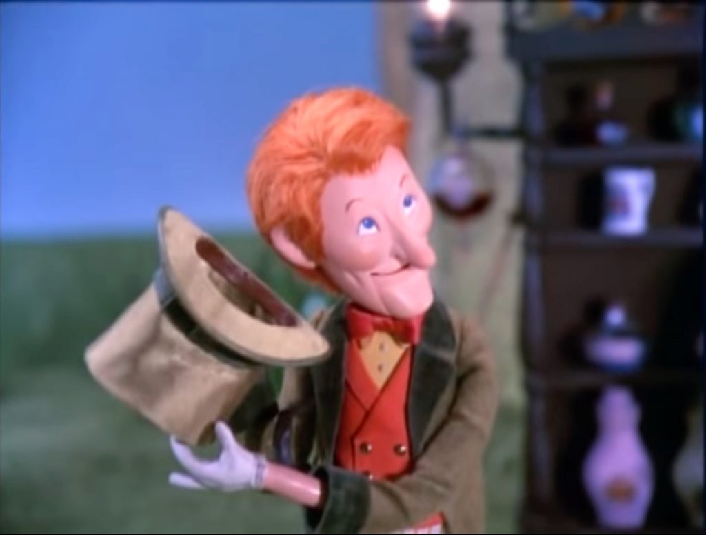 Danny Kaye as Seymour Sassafrass, peddler and inventor - and narrator of "Here Comes Peter Cottontail"