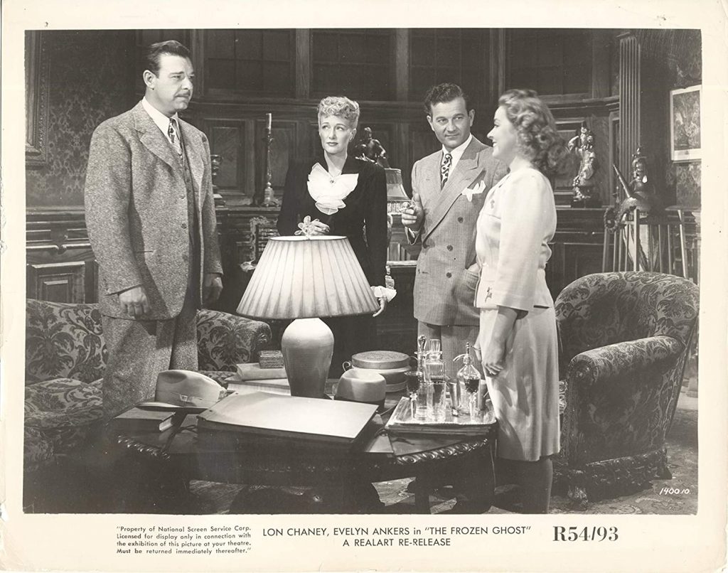 The main cast of "The Frozen Ghost" - Lon Chaney Jr., Evelyn Ankers, Milburn Stone, Elena Verdugo