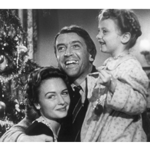 Donna Reed, Jimmy Steward, and Zeus in "It's a Wonderful Life"