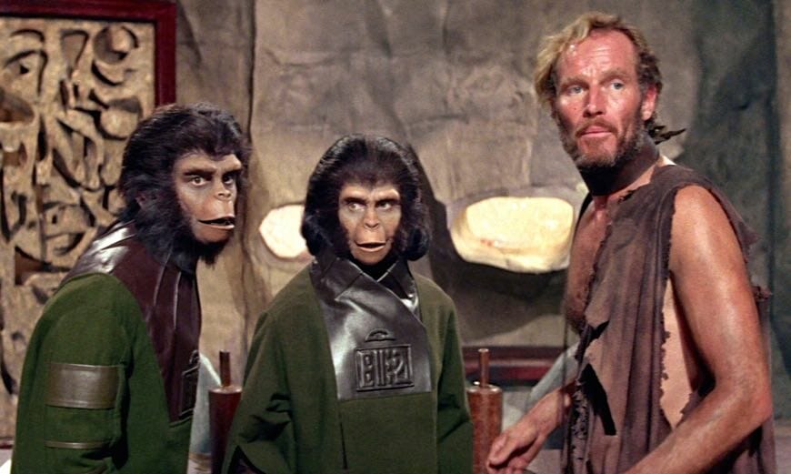 Cornelius (Roddy McDowell), Zira (Kim Hunter), Taylor (Charleton Heston) in "Planet of the Apes"