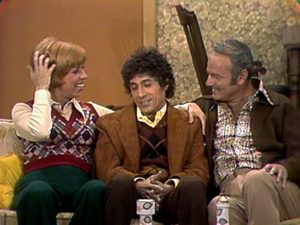 Carol Burnett, Paul Sands, Harvey Korman sitting on a couch in "The Carol Burnett Show" season 6, episode 4