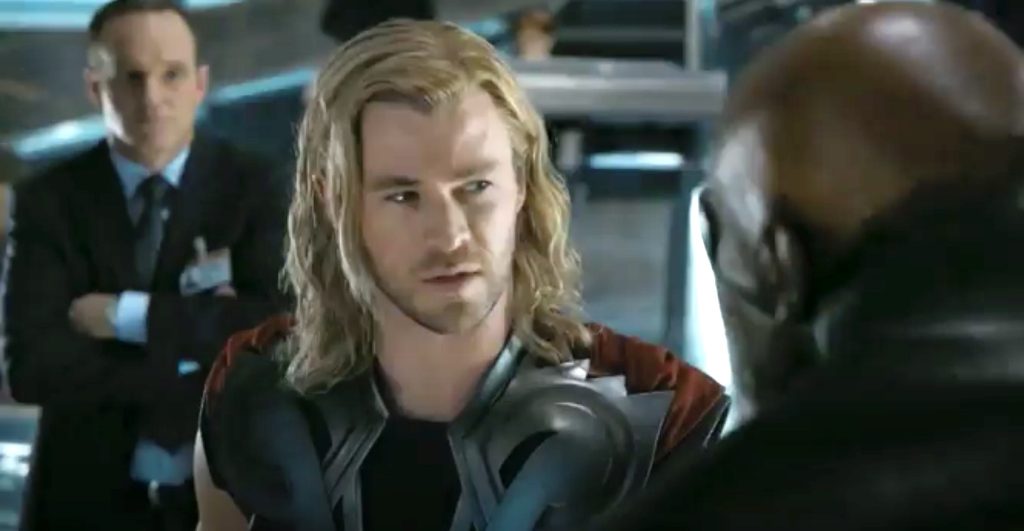 Agent Colson, Thor, and Nick Fury in "The Avengers"