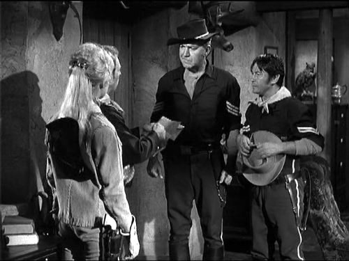 Wrangler Jane (Melody Patterson), Sergeant O'Rourke (Forrest Tucker), and Corporal Agarn (Larry Storch) in "Old Ironpants"