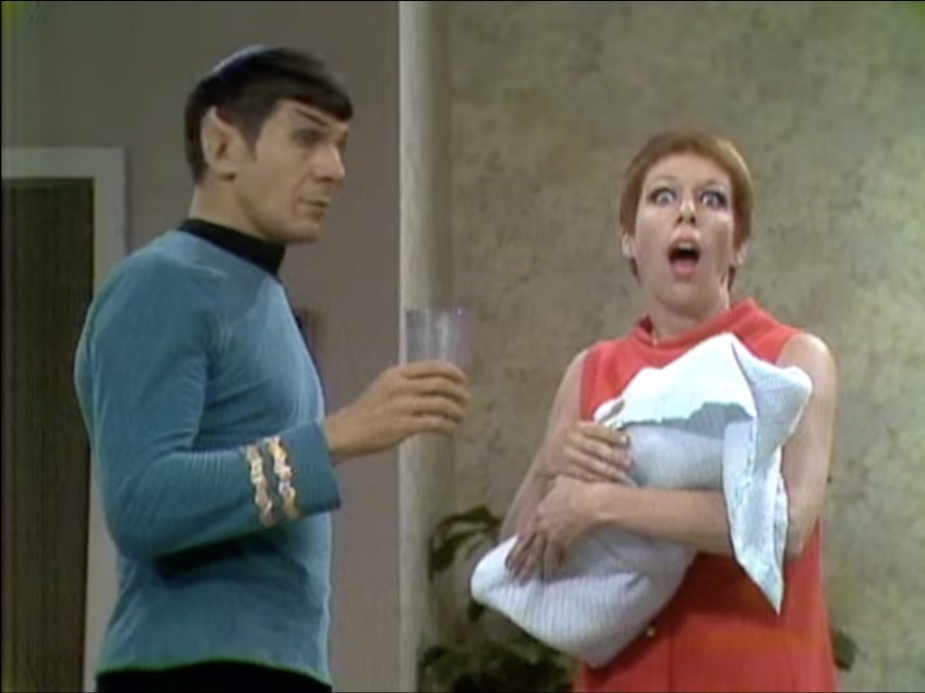 Mr. Spock (Leonard Nimoy) makes a surprise cameo in the "Wife of the Invisible Man" sketch on The Carol Burnett Show