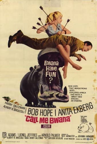 Call Me Bwana movie poster - Anita Eckberg sewing Bob Hope's pants -- with a poison needle!