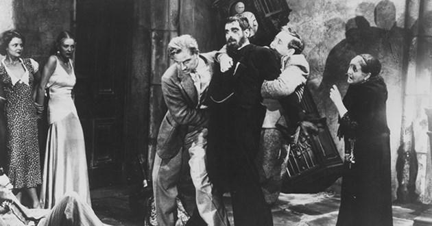Cast of characters in "The Old Dark House" (1932) - Boris Karloff, Melvyn Douglas, Gloria Stuart, Charles Laughton