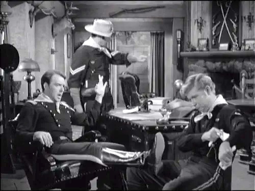 Captain Parmenter (Ken Berry), Dodds, and the troops in "Reunion for O'Rourke" Gypsy Zsa Zsa Gabor tells Corporal Agarn (Larry Storch) that he's the tribe's long-lost prince in "Play, Gypsy, Play" Wrangler Jane (Melody Patterson) buying a dress in "The Courtship of Wrangler JanThe Courtship of Wrangler Jane" Chief Wild Eagle (Frank DeKova) faces off against Agarn (Larry Storch) in "Go for Broke" Henry Gibson is a new soldier at F-Troop, Wrongo Starr, in "Wrongo Starr and the Lady in Black" Captain Parmenter (Ken Berry) in "Here Comes the Tribe" F-Troop Season 1