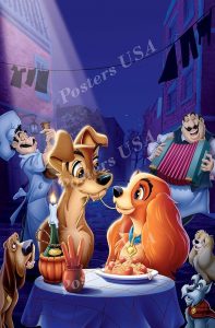 The famous spaghetti dinner scene in "The Lady and the Tramp"