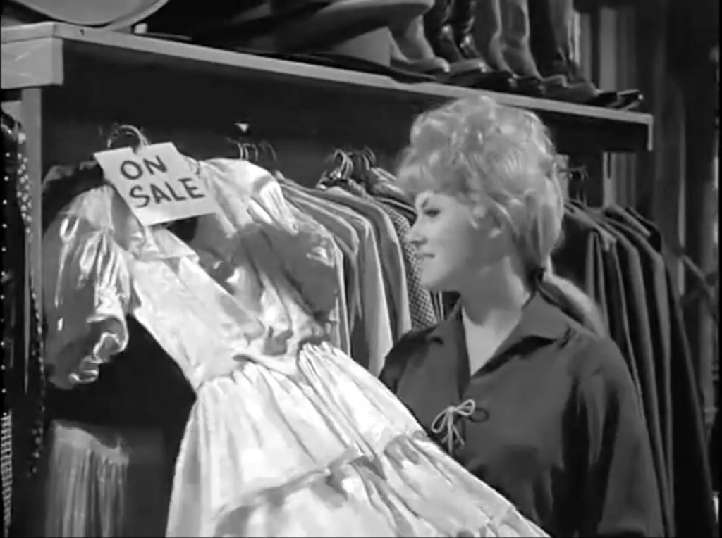 Wrangler Jane (Melody Patterson) buying a dress in "The Courtship of Wrangler JanThe Courtship of Wrangler Jane" Chief Wild Eagle (Frank DeKova) faces off against Agarn (Larry Storch) in "Go for Broke" Henry Gibson is a new soldier at F-Troop, Wrongo Starr, in "Wrongo Starr and the Lady in Black" Captain Parmenter (Ken Berry) in "Here Comes the Tribe" F-Troop Season 1