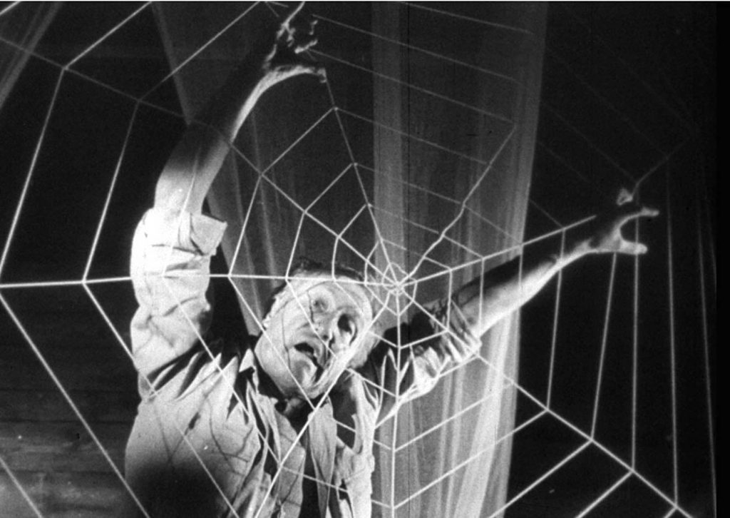 Dead scientist in a giant spider's web
