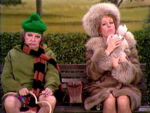 Martha Raye and Carol Burnett sitting on a park bench in The Carol Burnett Show season 3