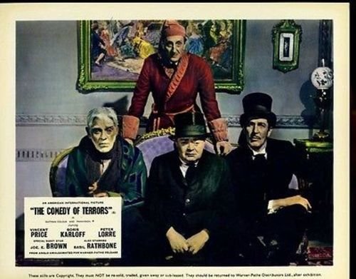 Cast of characters in "The Comedy of Terrors" - Boris Karloff, Basil Rathbone, Vincent Price, Peter Lorre