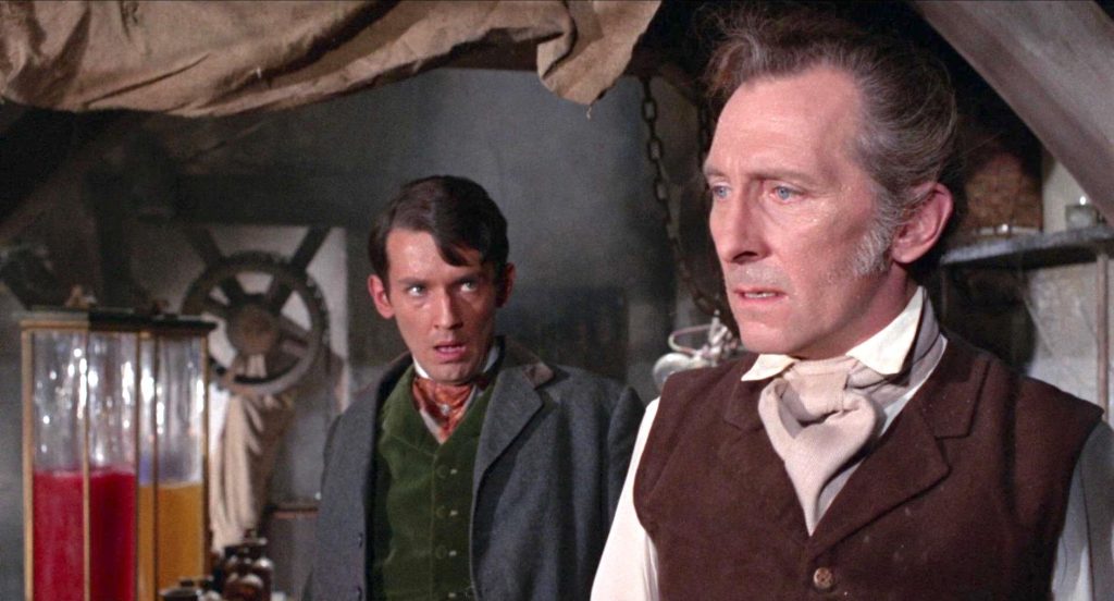 Apprentice and Dr. Frankenstein (Peter Cushing) in "The Evil of Frankenstein"