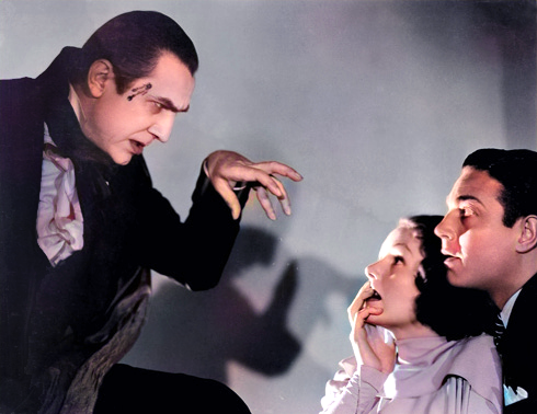 Colored publicity shot of Bela Lugosi with Elizabeth Allan and Henry Wadsworth in Mark of the Vampire
