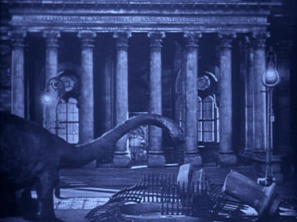 The Brontosaurus escapes in London and wreaks havoc at the end of The Lost World 1925