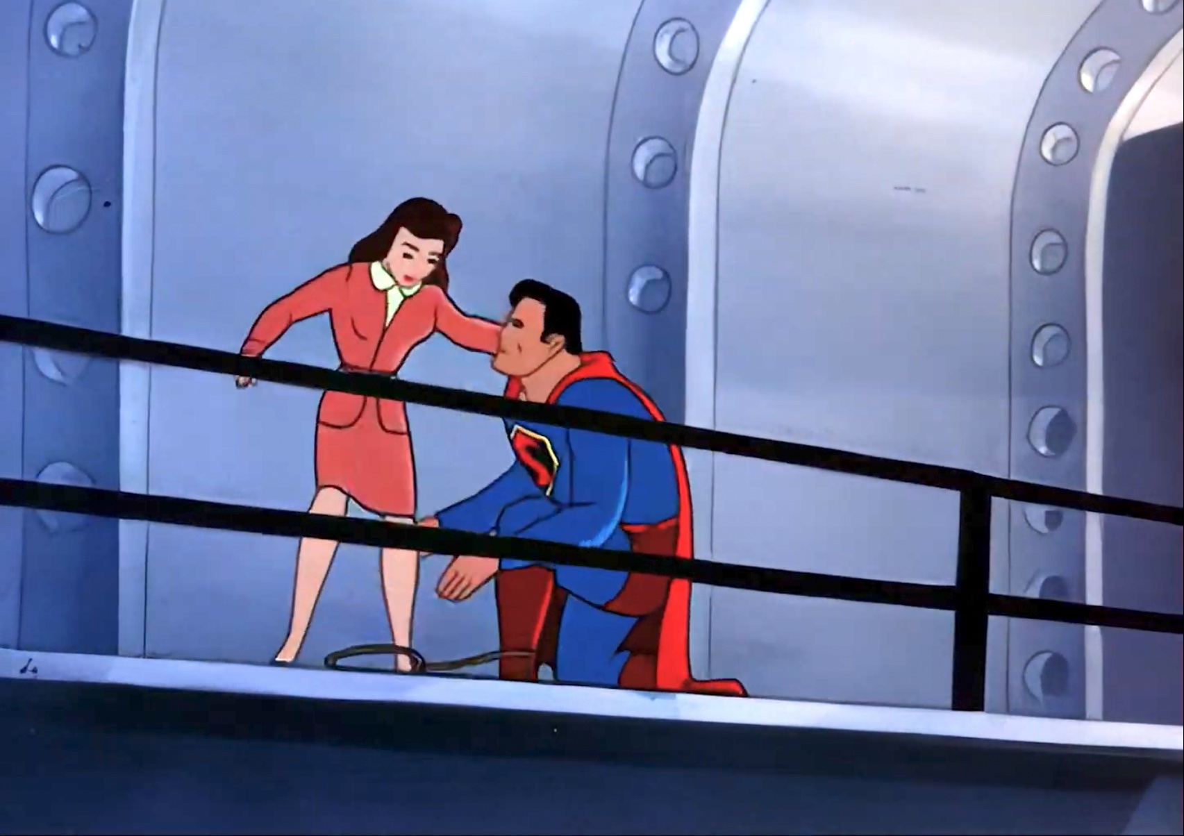 Superman rescuing stowaway Lois Lane in Japoteurs
