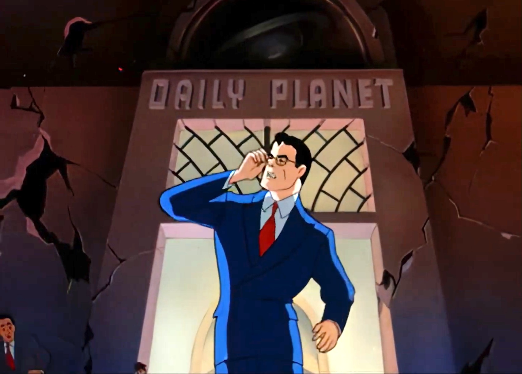 This is a job for … Clark Kent about to switch into his working clothes in "Electric Earthquake"