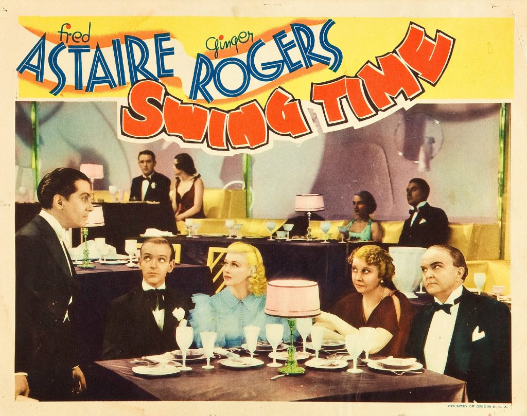 Lobby card for "Swing Time" starring Fred Astaire & Ginger Rogers, with their castmates - Victor Moore, Helen Broderick