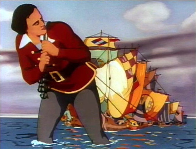 Gulliver dragging the fleet in Fleischer Studios' Gulliver's Travel's 1939